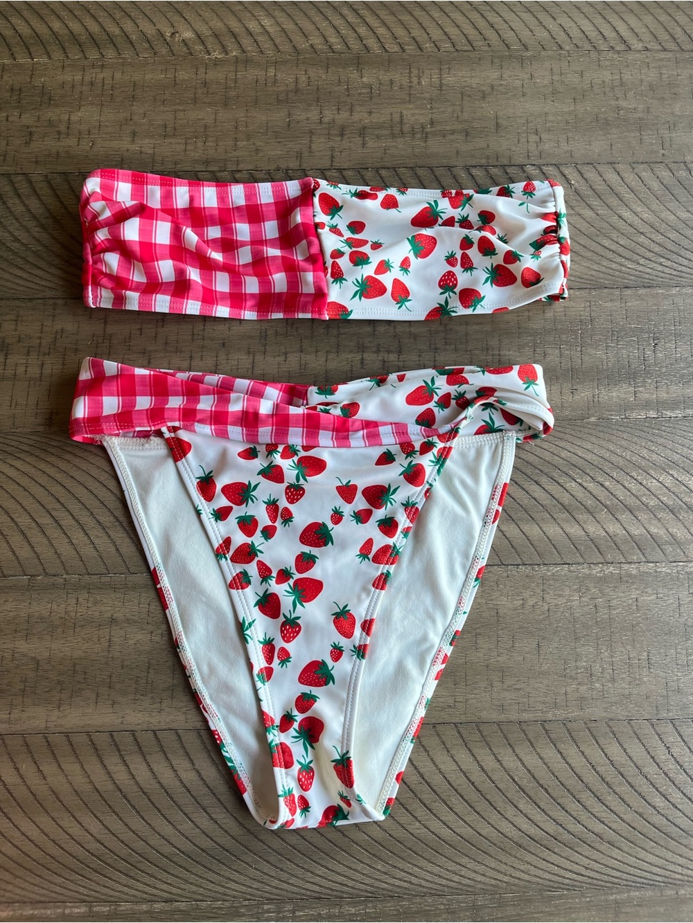 Nasty Gal Strawberry Gingham Mix Bikini Bandeau Top High-Waist Bottoms Size 6